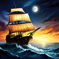 Old sail ship braving the waves of a wild stormy sea at night Royalty Free Stock Photo