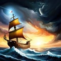 Old sail ship braving the waves of a wild stormy sea at night Royalty Free Stock Photo