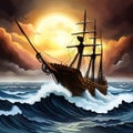 Old sail ship braving the waves of a wild stormy sea at night Royalty Free Stock Photo