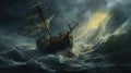 Old sail ship braving the waves of a wild stormy sea Royalty Free Stock Photo