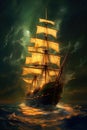 Old sail ship floating on calm ocean with half moon and stars in background. Generative AI Royalty Free Stock Photo