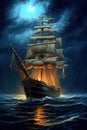 Old sail ship floating on calm ocean with half moon and stars in background. Generative AI Royalty Free Stock Photo