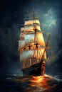 Old sail ship floating on calm ocean with half moon and stars in background. Generative AI