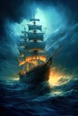 Old sail ship floating on calm ocean with half moon and stars in background. Generative AI Royalty Free Stock Photo