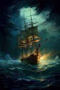 Old sail ship floating on calm ocean with half moon and stars in background. Generative AI Royalty Free Stock Photo