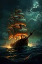 Old sail ship floating on calm ocean with half moon and stars in background. Generative AI Royalty Free Stock Photo