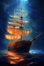 Old sail ship floating on calm ocean with half moon and stars in background. Generative AI Royalty Free Stock Photo