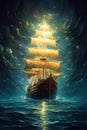 Old sail ship floating on calm ocean with half moon and stars in background. Generative AI Royalty Free Stock Photo
