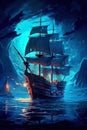 Old sail ship floating on calm ocean with half moon and stars in background. Generative AI Royalty Free Stock Photo