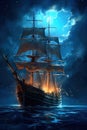 Old sail ship floating on calm ocean with half moon and stars in background. Generative AI Royalty Free Stock Photo