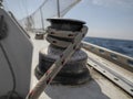 old sailboat sheet winch sail detail Yachting. Sailing winch and rope of a yacht. Sheet. Cable. pulley Royalty Free Stock Photo