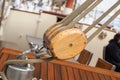 Old sailing boat detail. pulleys and ropes Royalty Free Stock Photo