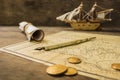 Old sailing ship model and objects over a captainÃÂ´s cabin Royalty Free Stock Photo
