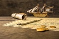 Old sailing ship model and objects over a captainÃÂ´s cabin