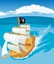 Old sailing ship with pirate flag. Vector flat illustration Royalty Free Stock Photo