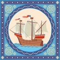 An old sailing ship sails on the sea. Illustration in a decorative frame Royalty Free Stock Photo