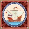 An old sailing ship sails on the sea. Illustration in a decorative frame Royalty Free Stock Photo