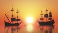 Old sailing ship sunset bright sun beautiful landscape Royalty Free Stock Photo