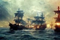 Old sailing ships battle in dark sea