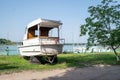 Old sailing yacht on land. Old white motor yacht beached at a do