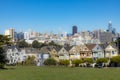 Old san francisco historic architecture in ladies square. Painted houses and shops in alamo area Royalty Free Stock Photo