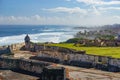 View of a sentry box and the Atlantic Ocean from the top of Fort San Cristobal Royalty Free Stock Photo