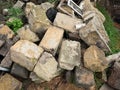 Old sandstone blocks. Heap of historical soft sand stones