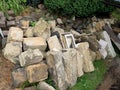 Old sandstone blocks. Heap of historical soft sand stones