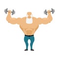 Old Santa trains with free weights. Old man with a grizzled bear