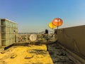 Old satellite dishes on concrete deck top roof floor of the old Royalty Free Stock Photo