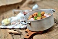 Old saucepan with garlic soup, fresh garlic bulbs, cloves, colored pepper, wooden spoon, croutons, lable and a towel on a rustic Royalty Free Stock Photo