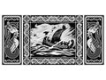 Old Scandinavian design. Norse Warrior Berserker, Viking Ship Drakkar and the winged dragon Royalty Free Stock Photo