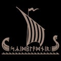 Old Scandinavian design. The Viking ship, Skidbladnir- made of planks, its name written in runes