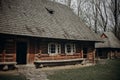 Old scandinavian house in village, rustic wooden building in countryside, wood cabin exterior in Norway, tourism concept