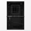 Old scary door with bars. Black gate locked with powerful bolt Royalty Free Stock Photo