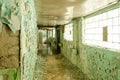 Old, scary hallway with green cracked paint, radiators and windows. Forgotten, abandoned ghost town Skrunda, Latvia. Former Soviet