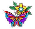 Old School Badge with Stylized Butterfly and Flower Vector Illustration