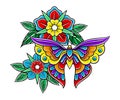 Old School Badge with Stylized Butterfly and Flowers Vector Illustration