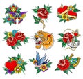 Old School Badges with Tiger and Red Rose Symbols Vector Set Royalty Free Stock Photo