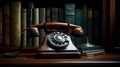 Old school bakelite retro vintage style wired phone on the luxury red wood bookshelf library. Immortal classic and communications Royalty Free Stock Photo