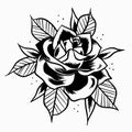 Old School black Rose. Print for t-shirt postcards logo icons. Vintage traditional art. Simbol of love. Barbershop or tattoo