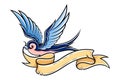 Old School Blue Swallow Holding Banner or Ribbon in Its Beak Vector Illustration