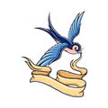 Old School Blue Swallow Holding Banner or Ribbon in Its Beak Vector Illustration