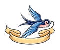 Old School Blue Swallow Holding Banner or Ribbon in Its Beak Vector Illustration