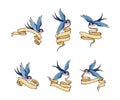 Old School Blue Swallow Holding Banner or Ribbon in Its Beak Vector Set