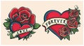 Old school hand drawn graphic illustration with hearts, roses and ribbons