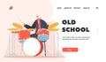 Old School Landing Page Template. Excited Senior Drummer Playing Hard Rock Music with Sticks on Drum Kit., Old Musician