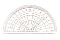 Old school maths equipment. Protractor used in engineering and technical drawing. Plastic. Isolated on white.