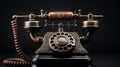 Old school medal retro vintage style wired phone on shelf. Low light image with a bright lamps reflections on device body.