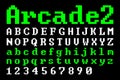 Old school Pixel Arcade Font Vector Typeface. Flat geometric digital computer game style typography. Uppercase, Lowercase and Nu Royalty Free Stock Photo